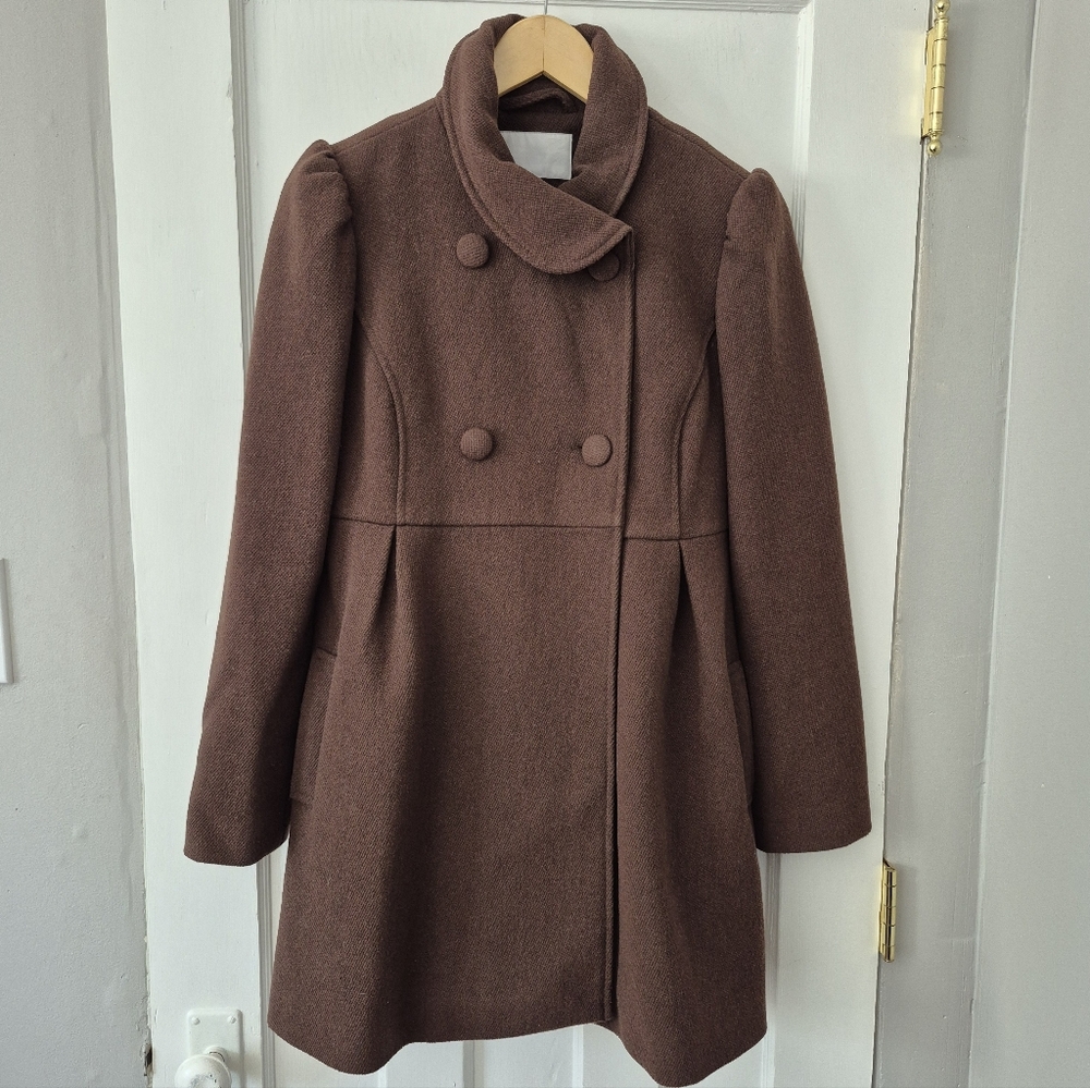 Vntg Y2K Wool Blend Lined Double Breasted Skirt Dress Coat Chocolate Brown Sz S